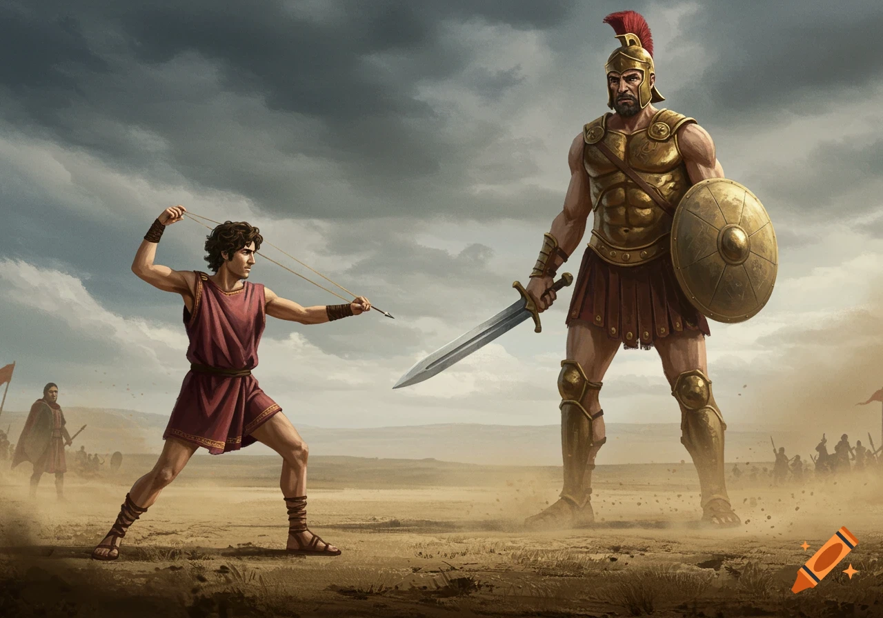 Young David prepares to sling a stone at the giant Goliath on a dusty battlefield, an epic illustration.