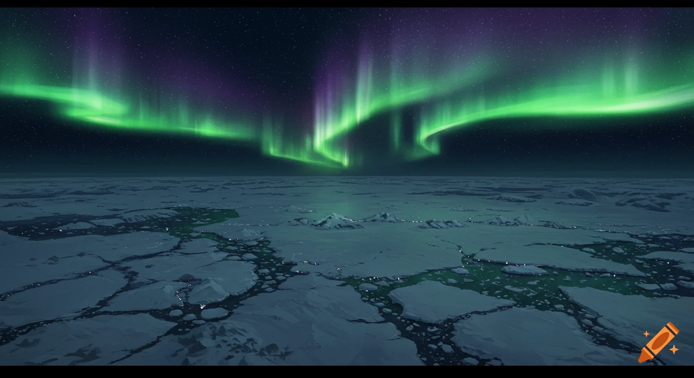 A hyper-realistic aerial night view of vibrant green and purple aurora borealis over a vast, fractured icy landscape.