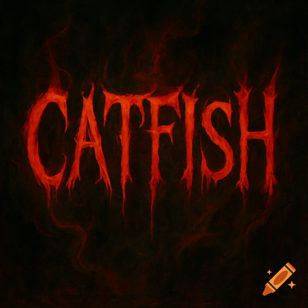 The word 'CATFISH' in a jagged, dripping red font against a dark, smoky background.