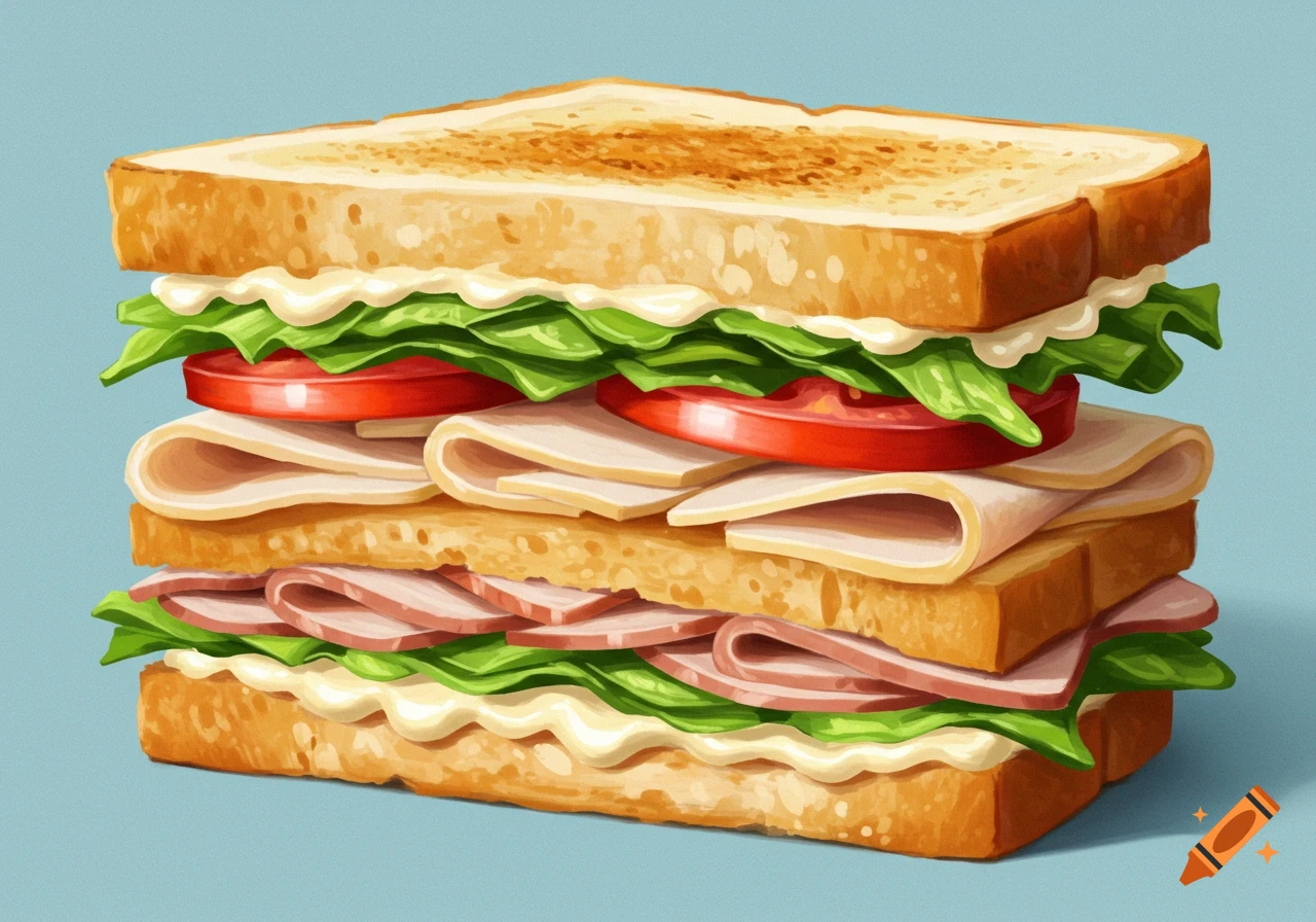 A delicious-looking sandwich with multiple layers of meat, lettuce, tomato, and mayonnaise on toasted bread, against a blue background.