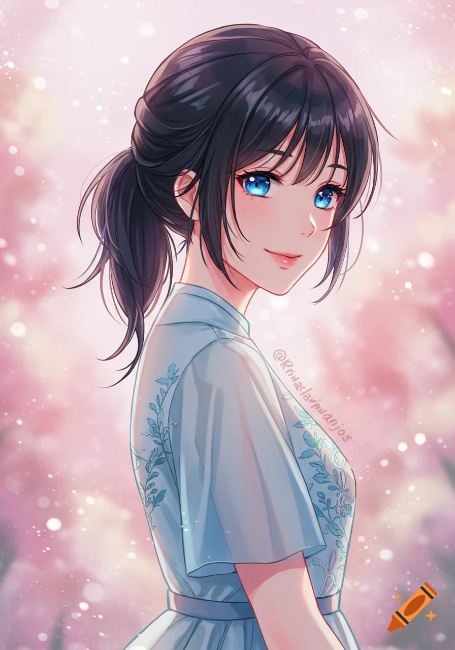 An anime woman with black hair in a ponytail, blue eyes, wearing a light blue floral dress, smiling against a blurry pink spring background.