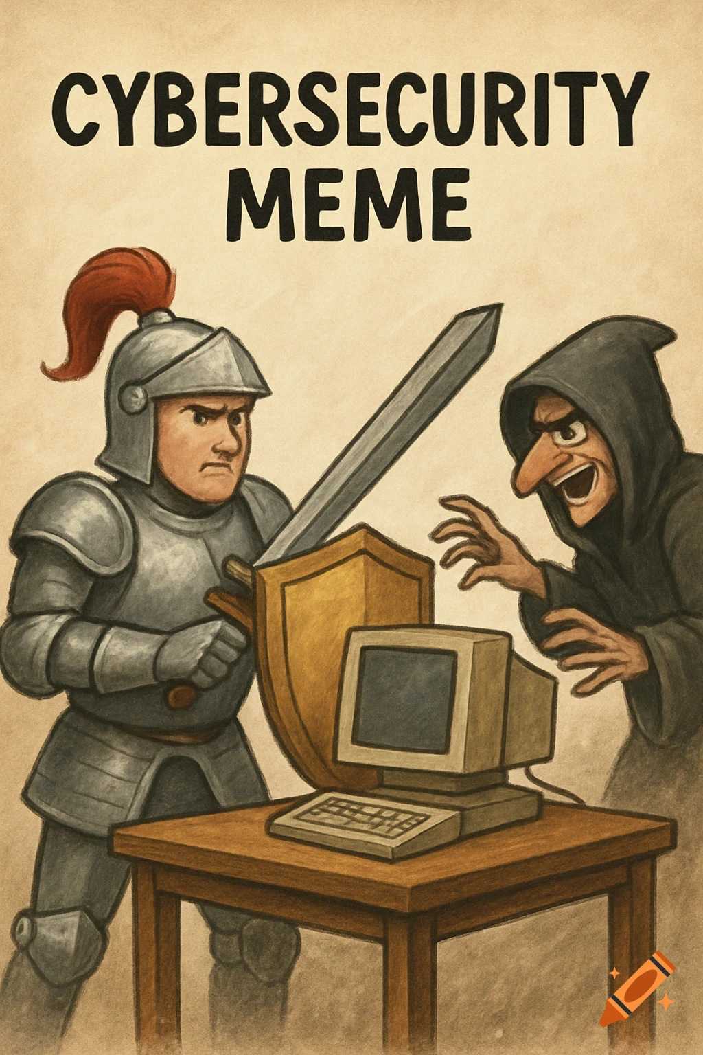 A cartoon knight in armor defends an old computer and shield from a ...