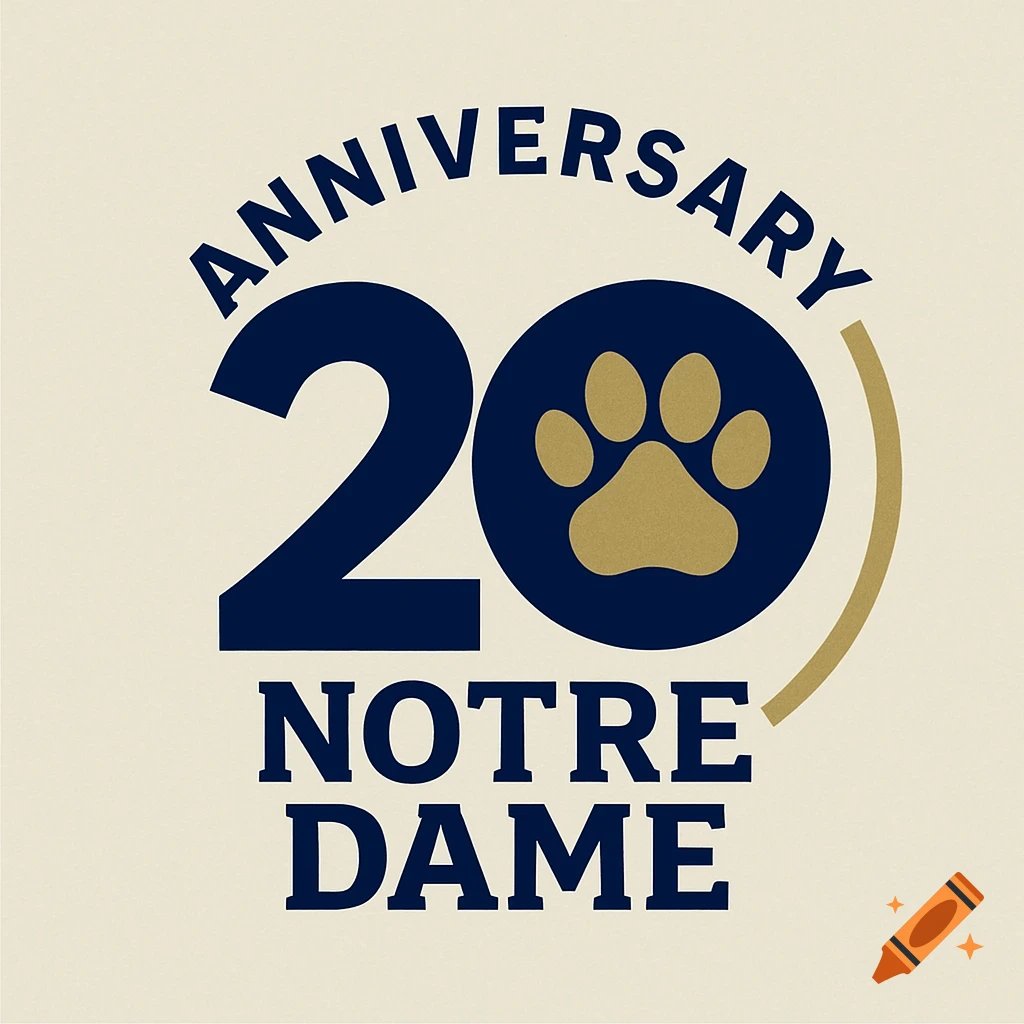 A navy blue and gold 20th anniversary logo for Notre Dame, featuring a paw print.