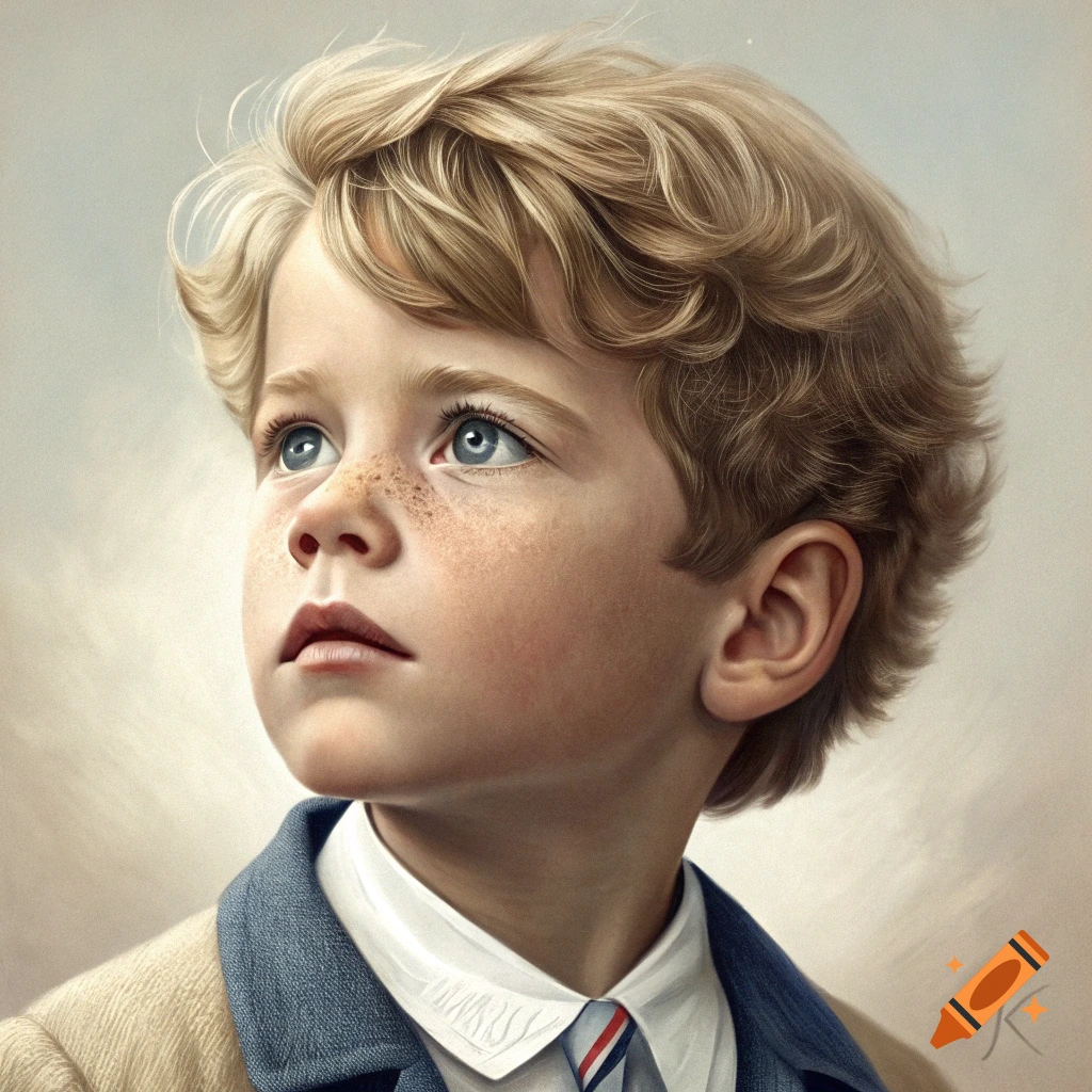 Close-up photorealistic painting of a young boy with blond hair and blue eyes, freckles, looking thoughtfully upwards.