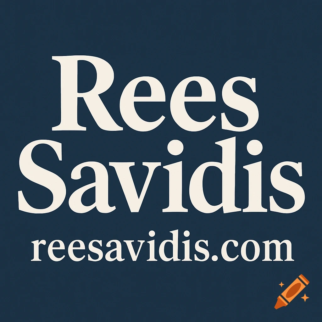 White text 'Rees Savidis' and 'reesavidis.com' on a dark blue background, forming a logo.