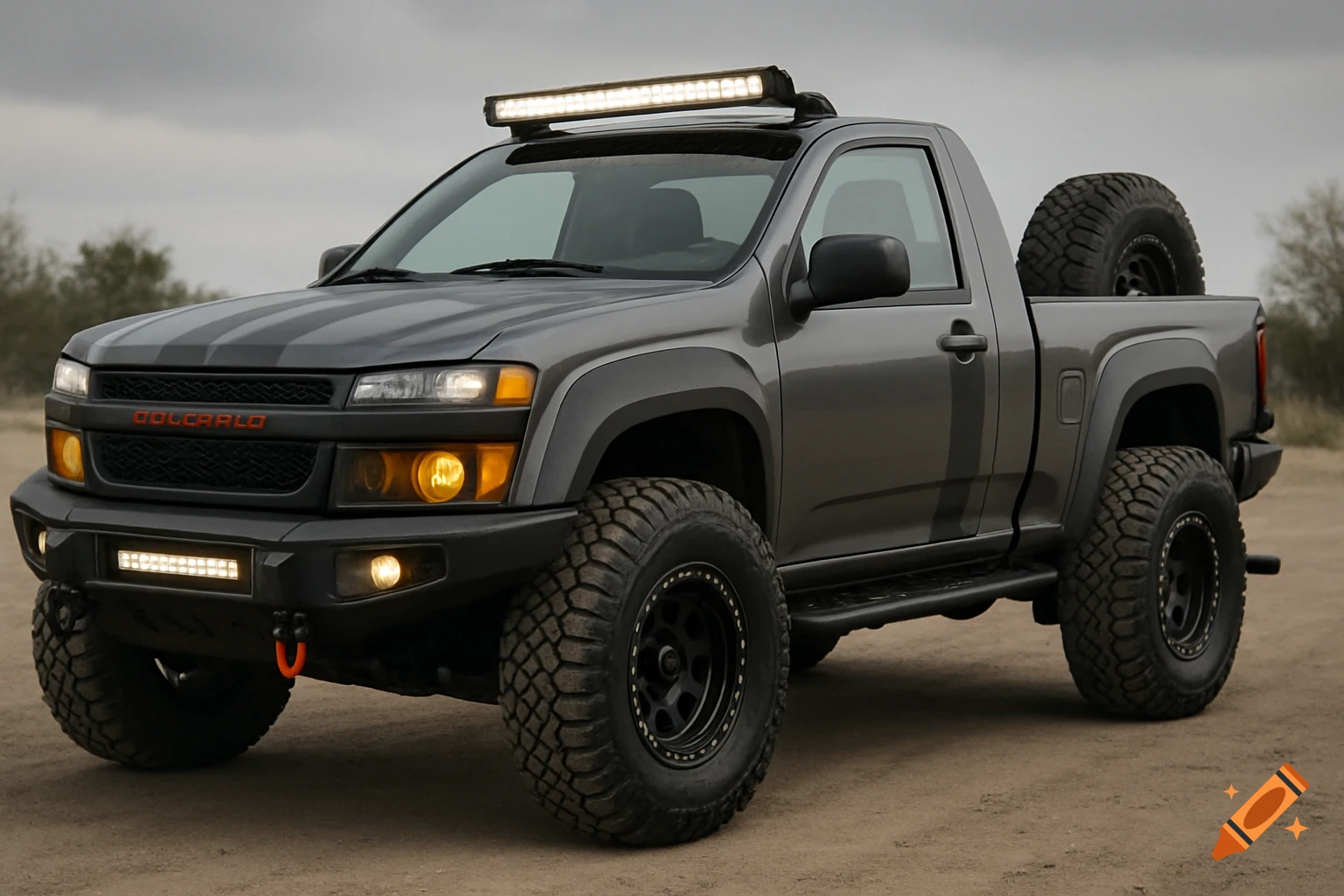 A dark gray modified Chevy Colorado off-road truck with a roof-mounted light bar and large tires is parked on dirt.