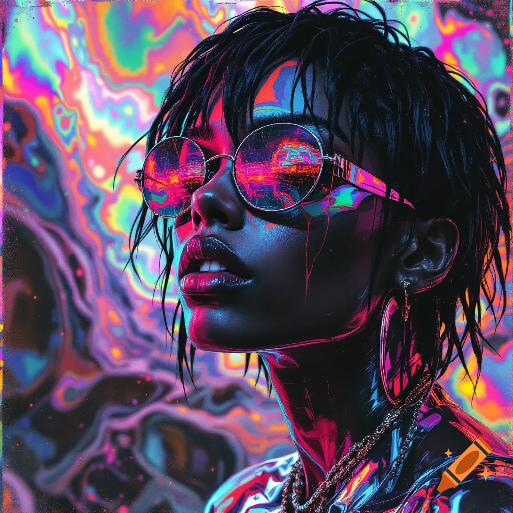 A close-up, cyberpunk-style portrait of a person with dark hair and chrome skin wearing circular sunglasses, set against a vibrant, swirling psychedelic background.