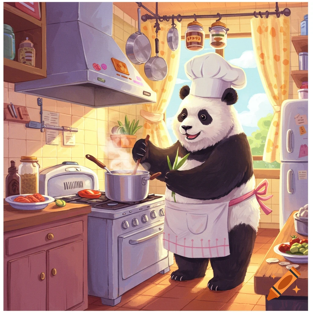 A cute cartoon panda chef stirring a pot on a stove in a bright, cozy kitchen.