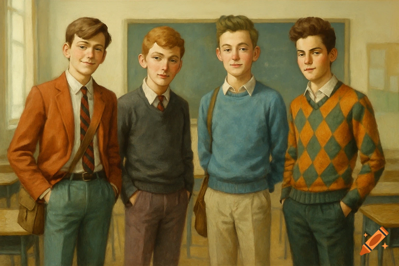 Four teenage boys, likely students, stand in a classroom, depicted in a painterly style.