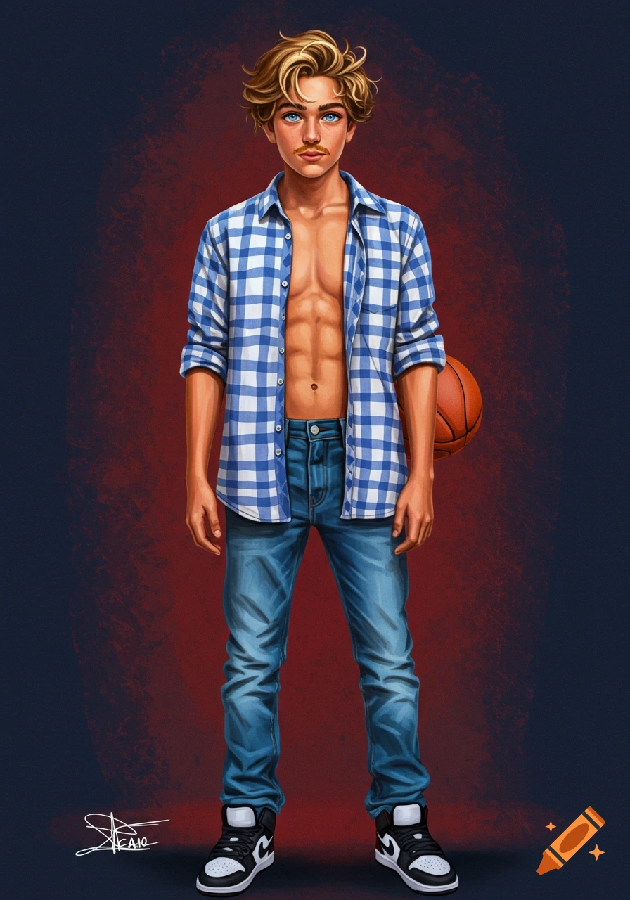 Stylized illustration of a muscular teen boy with dirty blonde hair, a mustache, blue eyes, wearing an open plaid shirt, jeans, and sneakers, holding a basketball.
