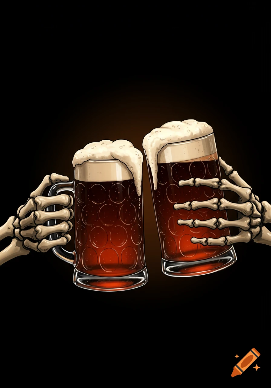 An illustration of two skeletal hands toasting with foamy beer mugs.