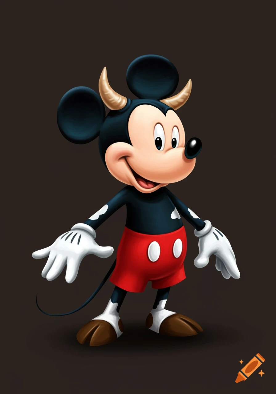 Cartoon illustration of Mickey Mouse with golden horns and brown hooves, wearing his classic red shorts.