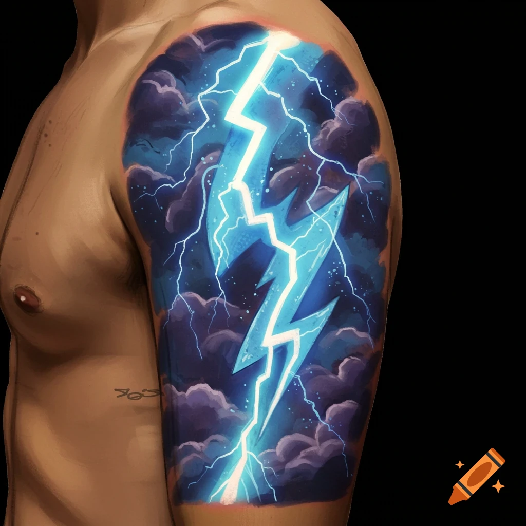 A person's arm with a tattoo of a vibrant blue lightning bolt striking through dark stormy clouds.
