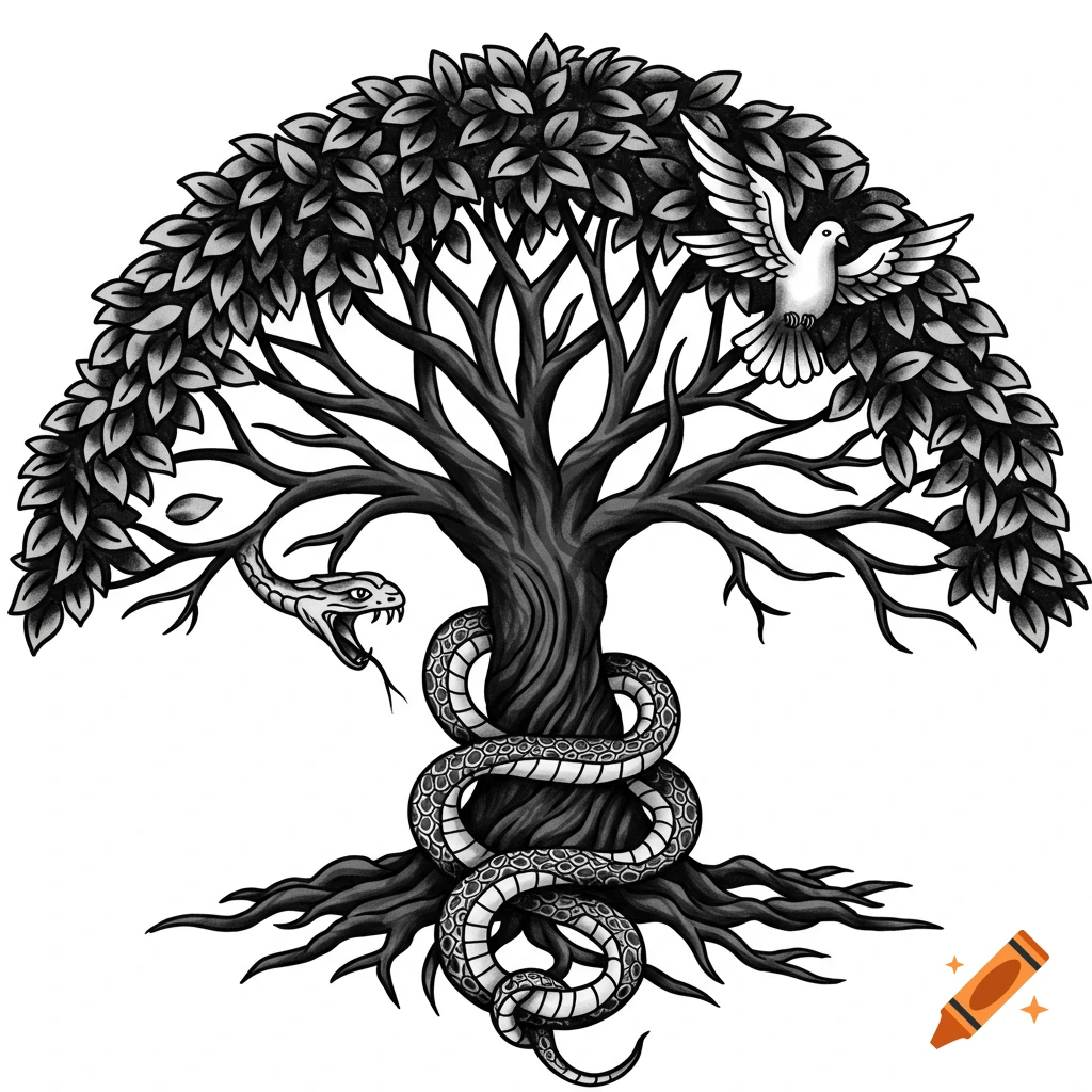 Black and white American traditional tattoo of a tree with a snake and a dove.
