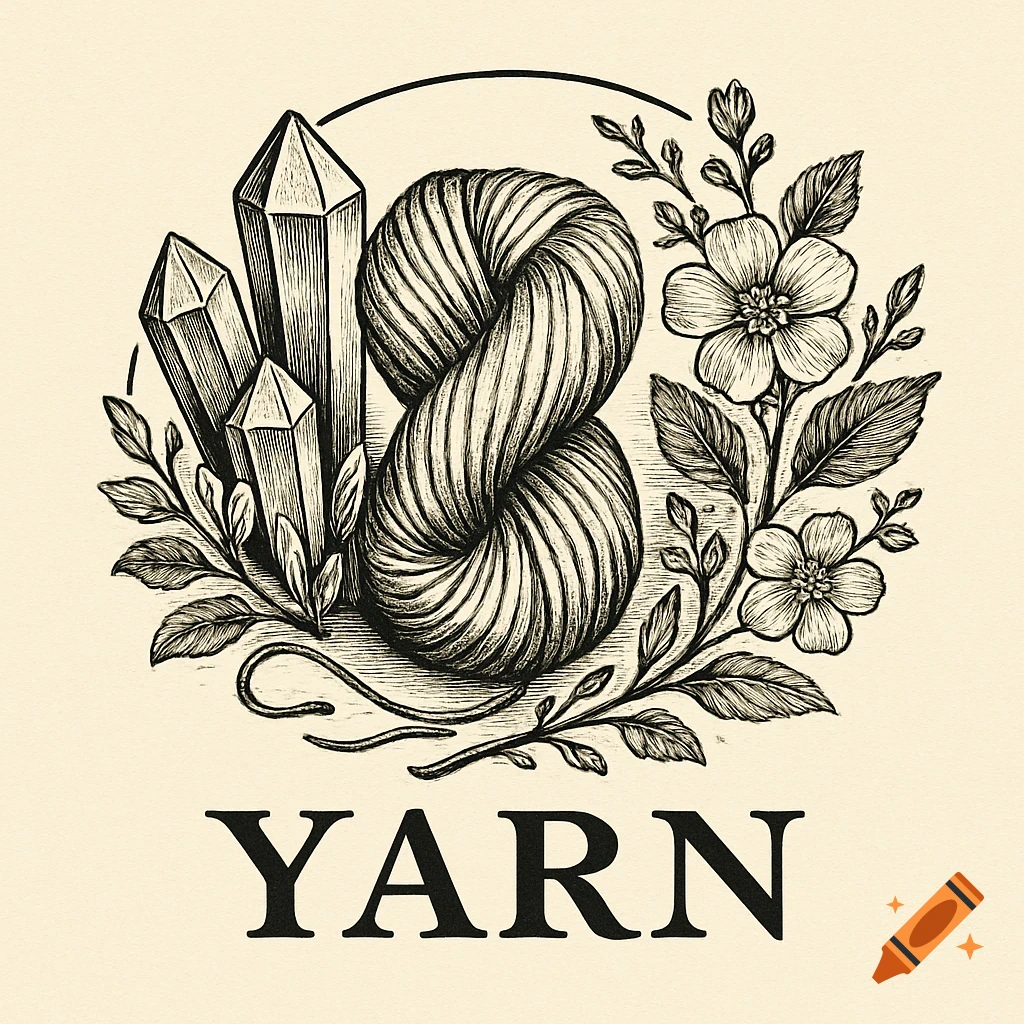 Black and white Victorian-style illustration of yarn, crystals, and flowers with the word YARN below.