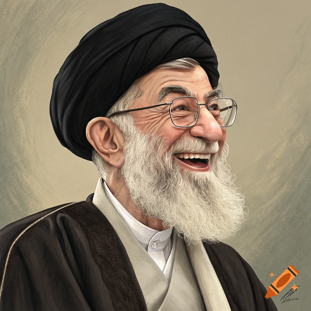 Stylized portrait of a smiling Ayatollah Khamenei, an older man with a white beard, glasses, and black turban.