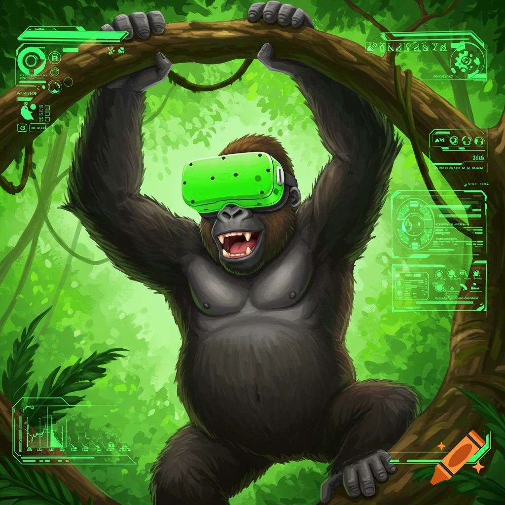 A cartoon gorilla wearing a bright green VR headset, hanging from a tree branch in a lush green jungle, surrounded by futuristic green holographic UI elements.
