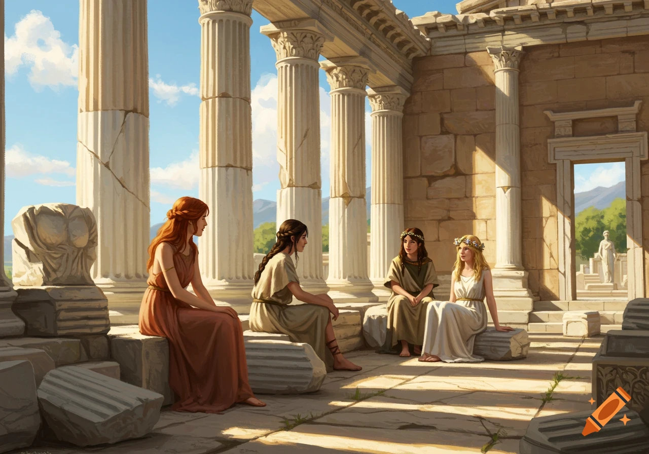 Four women in ancient Greek attire sit among the ruins of a temple under a sunny sky.
