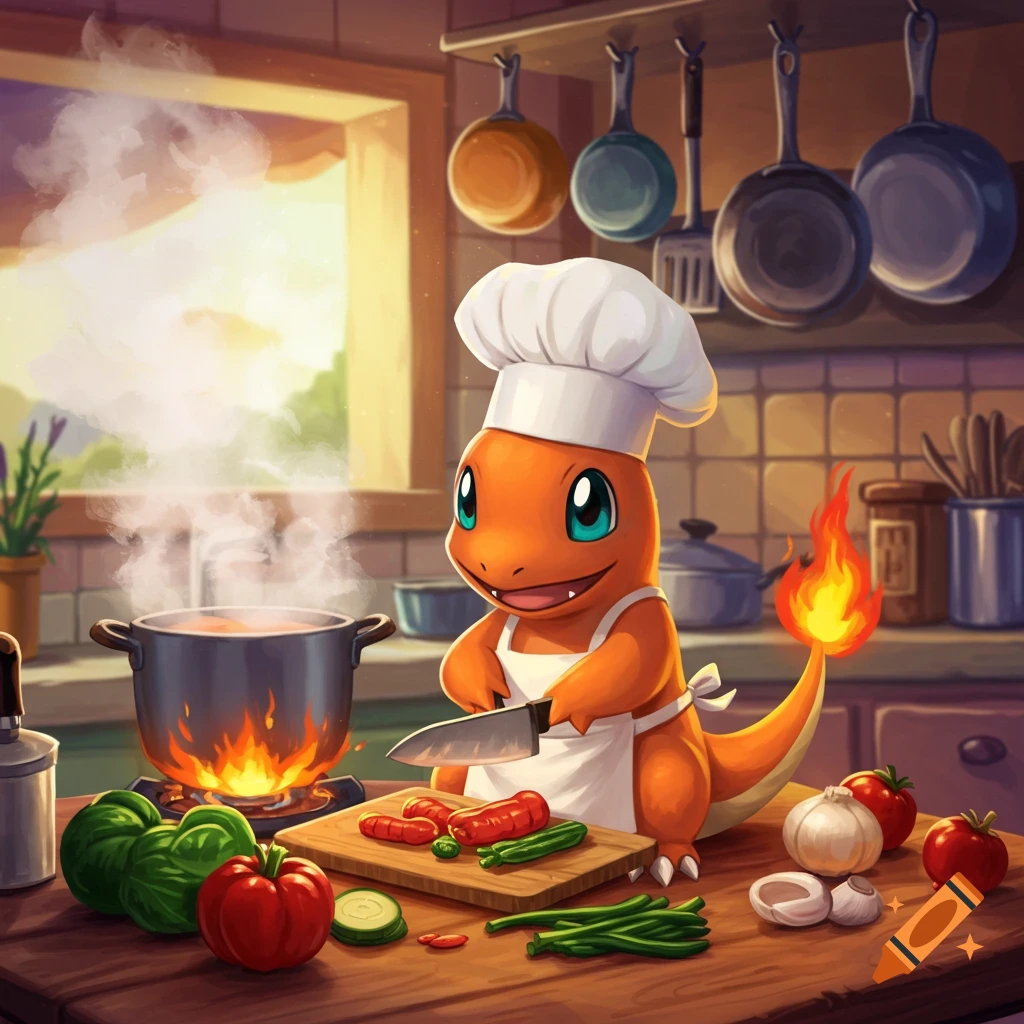 A cheerful Charmander chef in an apron and hat chops vegetables on a cutting board in a sunny kitchen, with a pot steaming on the stove.