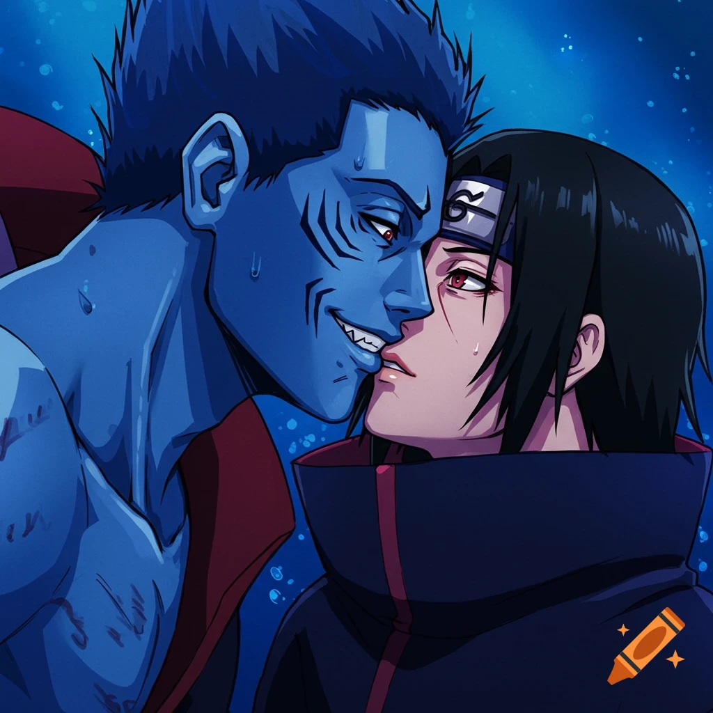Blue-skinned anime character Kisame and dark-haired Itachi from Naruto in a close, intimate pose about to kiss, against a blue background.