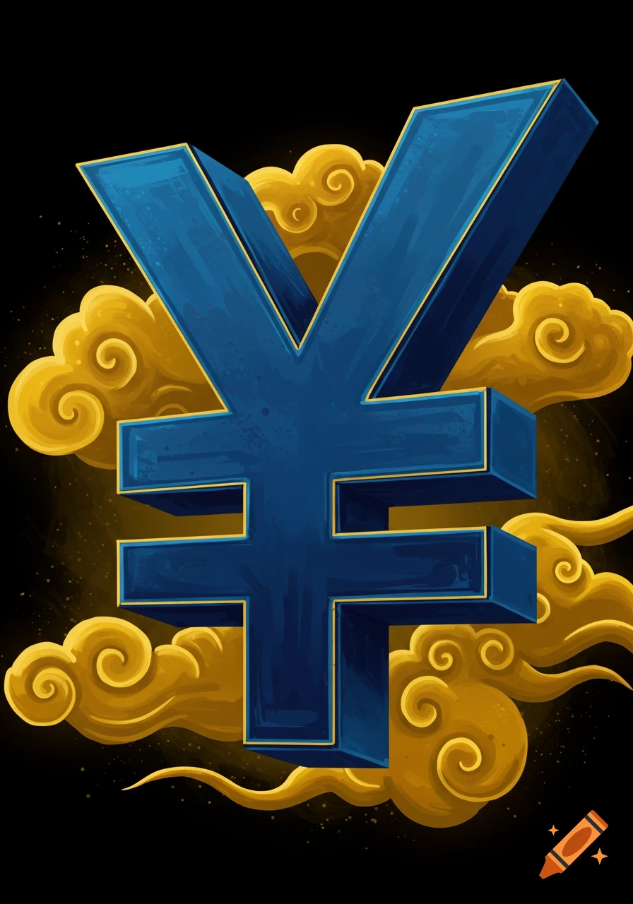 A stylized blue 3D Yen currency symbol stands tall, surrounded by swirling golden traditional Chinese clouds against a dark background.