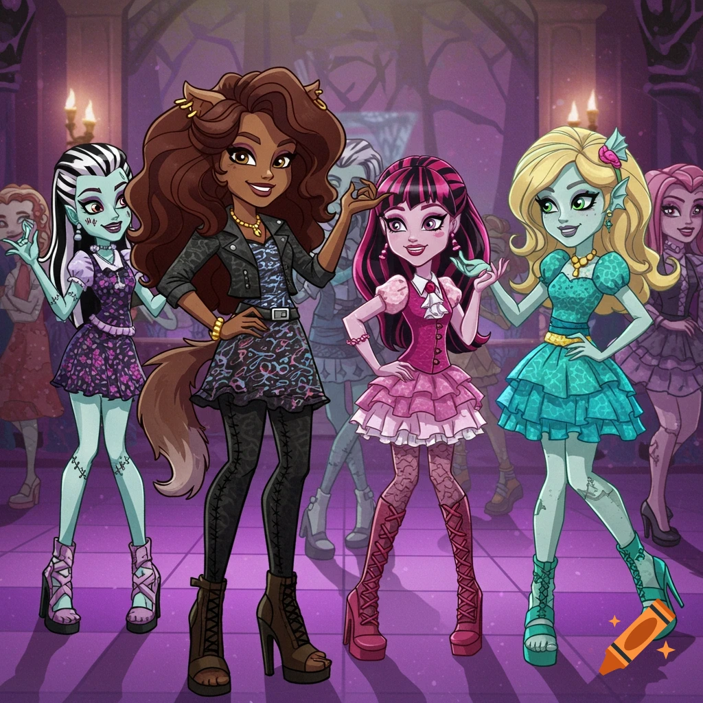 Four Monster High characters, Frankie Stein, Clawdeen Wolf, Draculaura, and Lagoona Blue, pose in a purple-lit room.