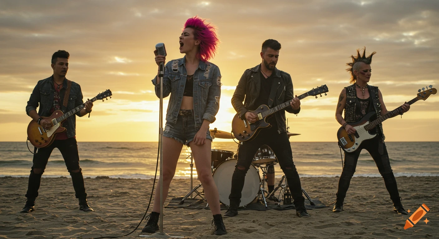A rock band with a female vocalist and male guitarists performs on a beach at sunset, with ocean waves in the background.