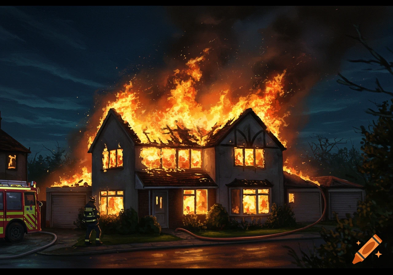 A large two-story house engulfed in bright orange flames and smoke at night, with a firefighter and fire truck on the street.