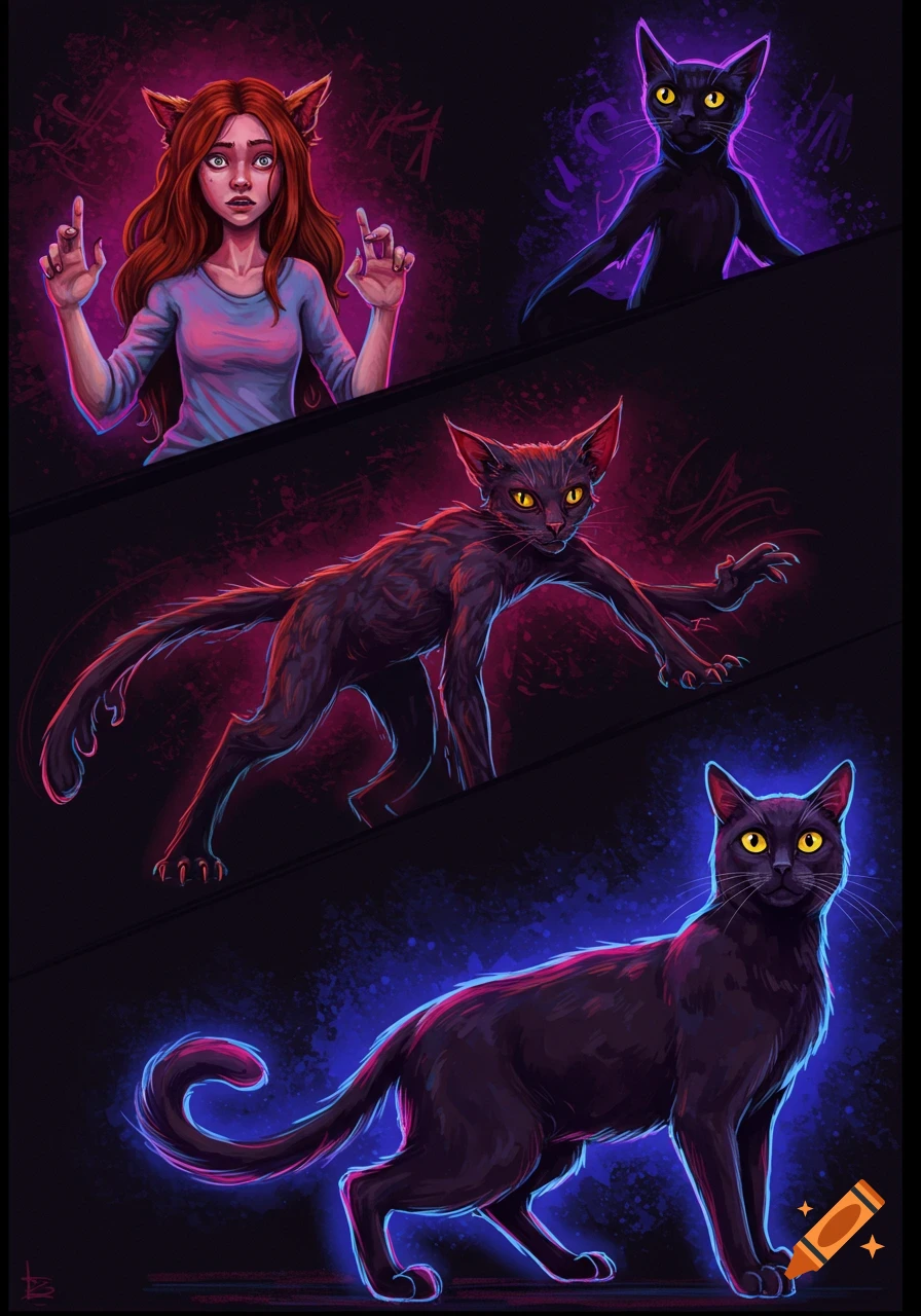 An artistic illustration showing a human transforming into a black cat in multiple stages, with neon pink and blue lighting.