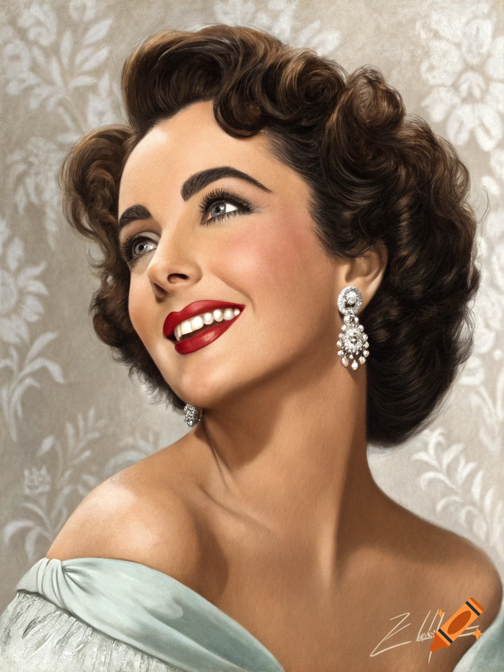 Vibrant portrait of Elizabeth Taylor smiling, looking up, wearing diamond earrings and a light blue dress.