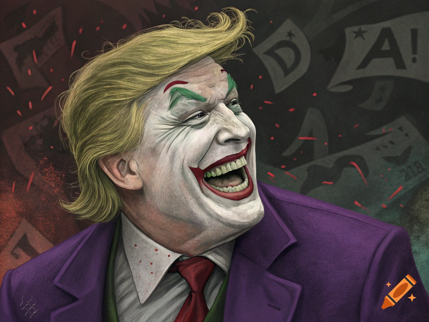A stylized portrait of Donald Trump as the Joker, with a pale face, green eyebrows, red smile, blonde hair, and a purple suit, laughing maniacally.