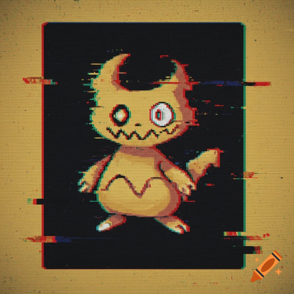 Pixelated yellow horned creature with glitch effects, inspired by MissingNO., on a black and yellow background.