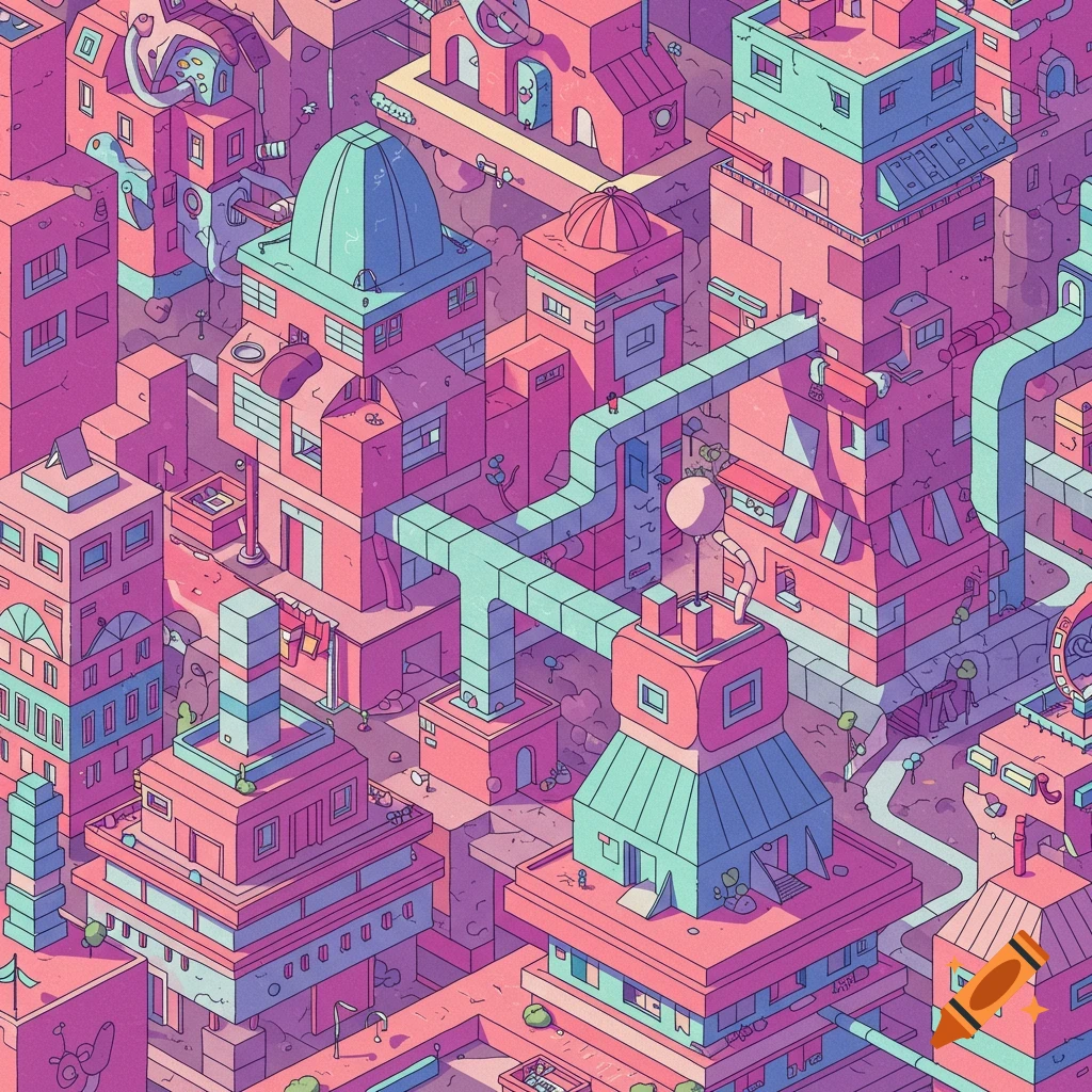 An intricate isometric cityscape with pink and light blue buildings, interconnected by pipes, featuring small figures. The style is abstract and colorful.