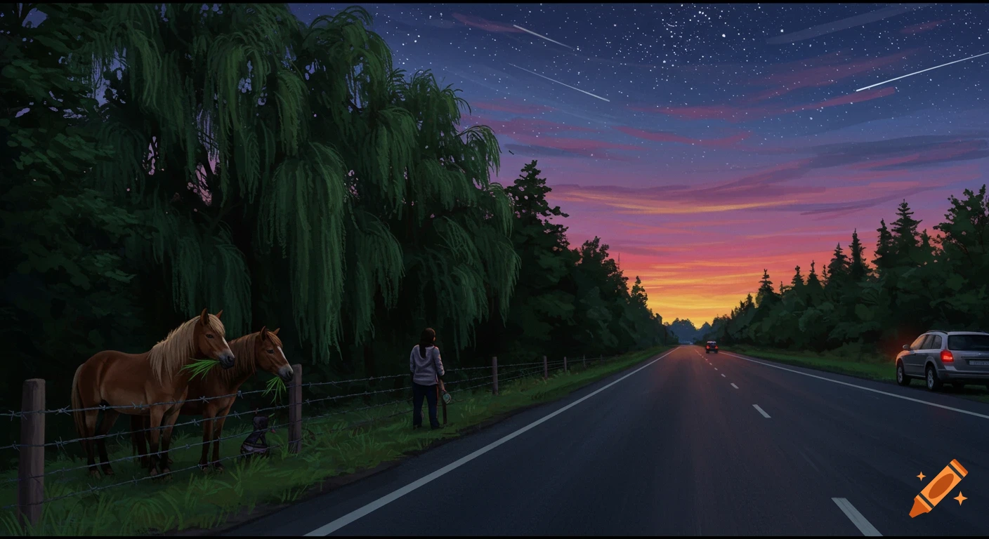 A scenic dusk landscape with a highway stretching into the distance. On the left, two brown horses stand behind a barbed wire fence near willow trees, with one eating grass. A person stands behind the fence looking at the horses. A car is parked on the right side of the road. The sky above is a vibrant mix of orange, pink, and blue, filled with stars and shooting stars.