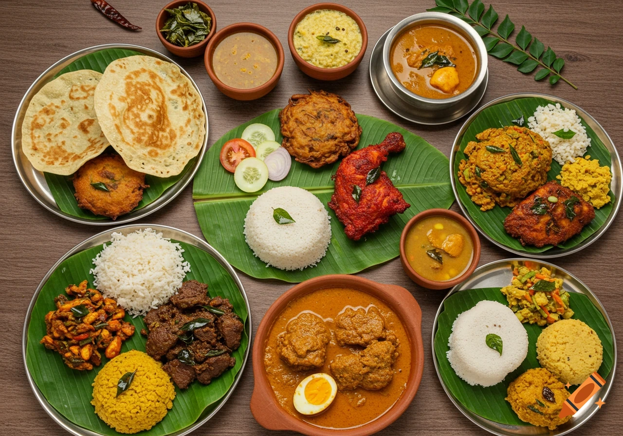 A high-resolution aerial view of a traditional Kerala South Indian meal spread with various dishes on banana leaves and metal plates.
