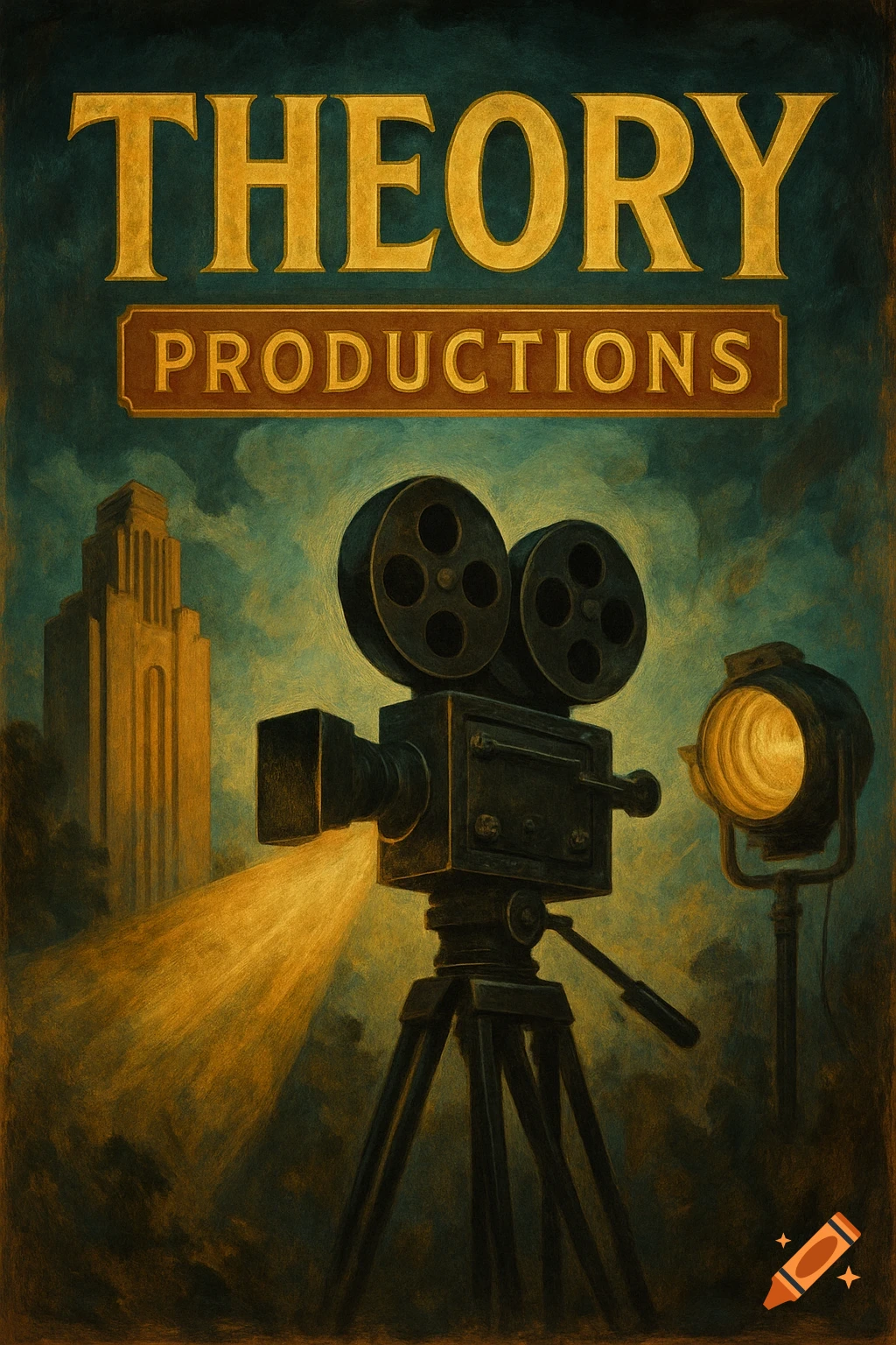 A vintage poster for Theory Productions featuring an old film camera, spotlight, and a tall building against a dark, textured background.