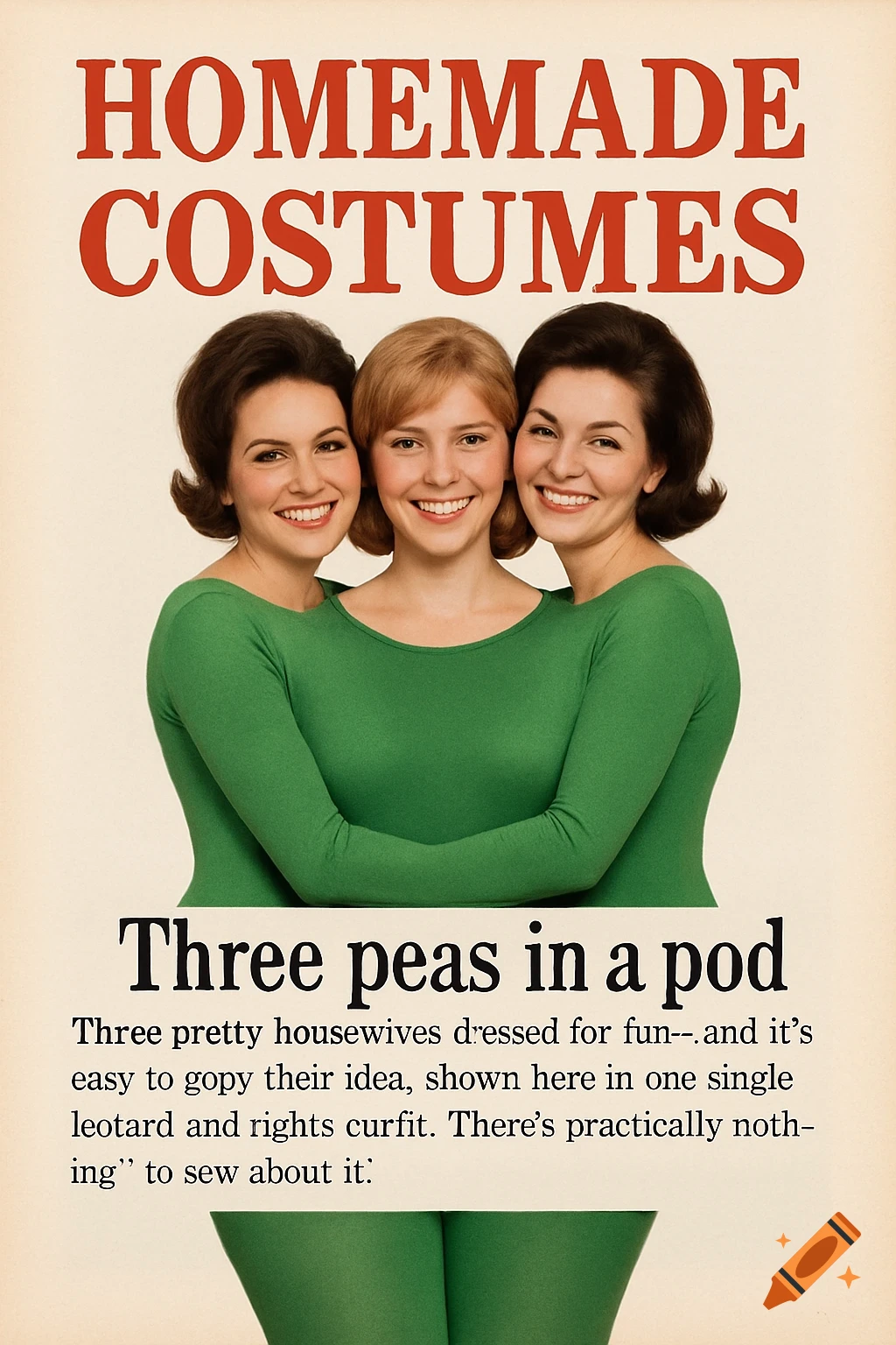 A retro-style magazine cover features three smiling women with 1960s hairstyles, wearing green long-sleeved leotards, depicted as "Three Peas in a Pod." The title reads "Homemade Costumes."