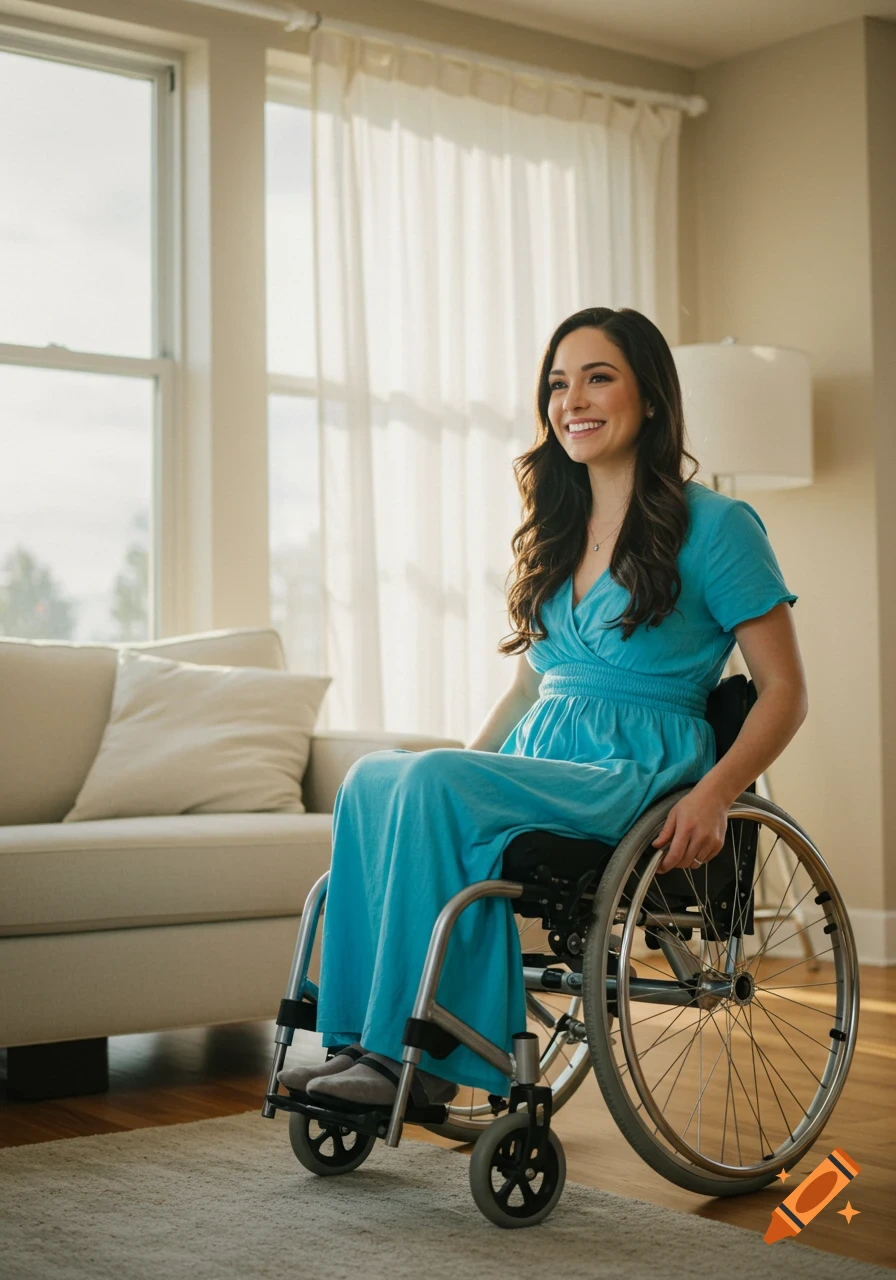 A smiling woman in a blue dress sits in a wheelchair inside a sunlit living room.