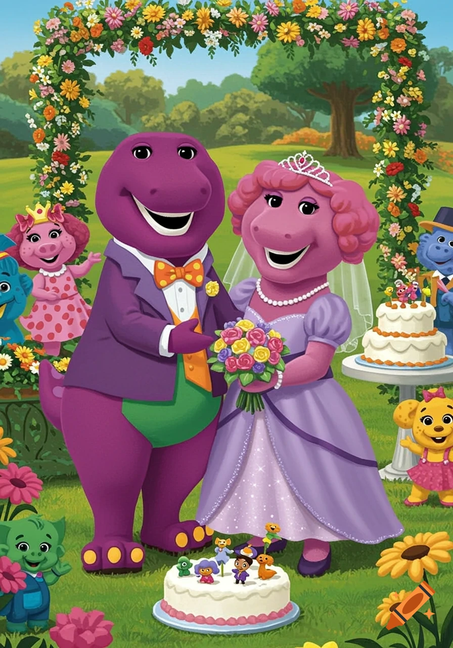 Barney and Dorothy the Dinosaur in wedding attire under a floral arch in a vibrant garden, surrounded by other cartoon characters.