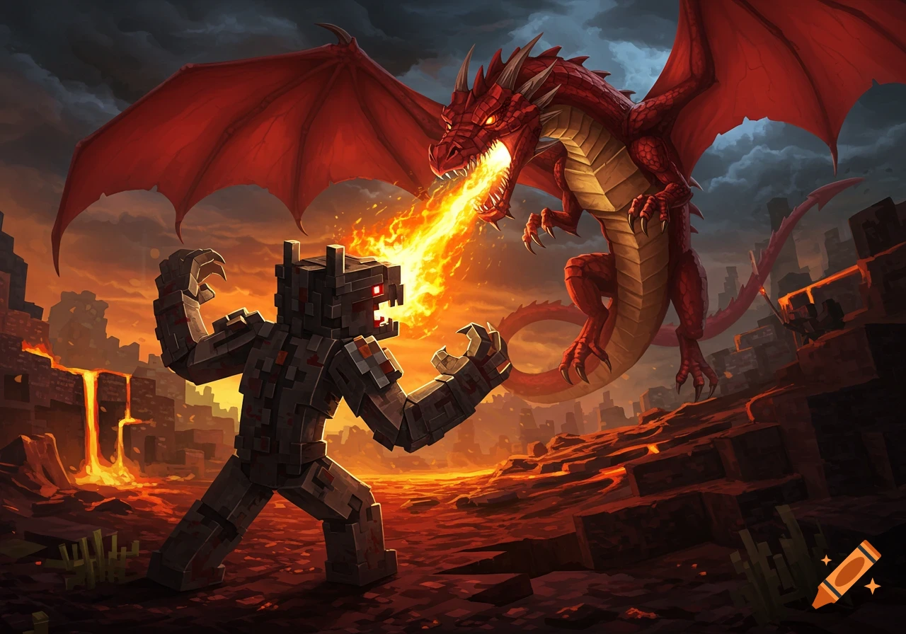 A Minecraft warden battles a red dragon breathing fire in a volcanic landscape, in a digital art style.