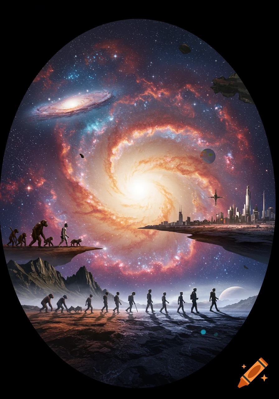 A vivid oval image depicting human evolution from ape-like figures to futuristic beings, set across varied landscapes under a swirling galaxy and a futuristic city in space.