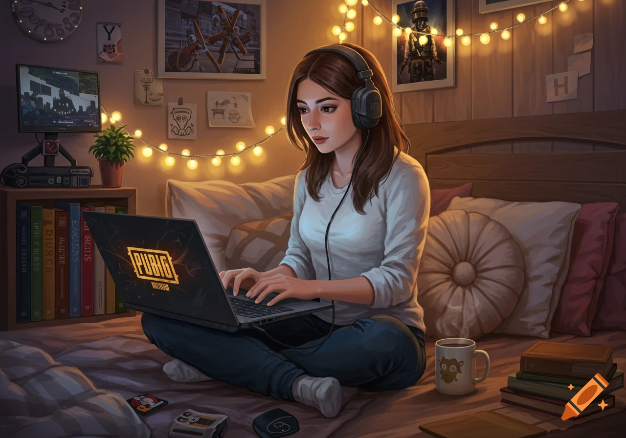 A young woman with headphones on sits on a bed, playing PUBG on her laptop in a cozy bedroom with fairy lights and books.