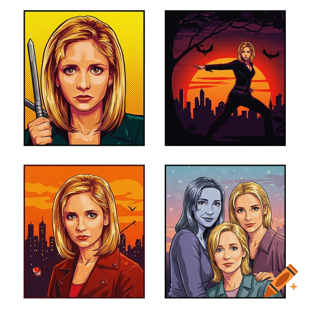 Four pop art panels of Buffy the Vampire Slayer: holding a stake, in an action pose, and with two other women.