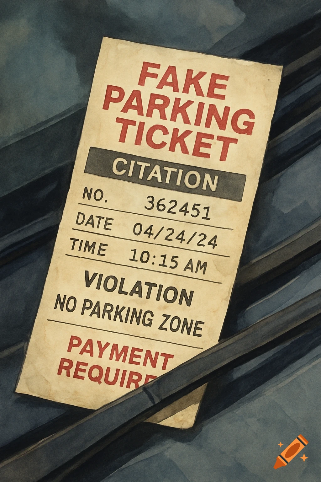 Close-up of a fake parking ticket in a painterly style, with legible text like 'FAKE PARKING TICKET' and 'NO PARKING ZONE'.