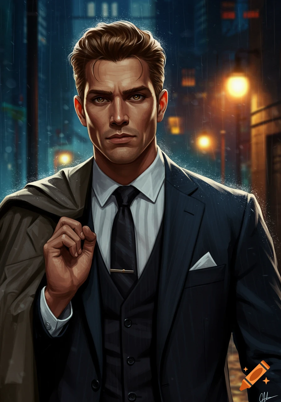 A stylized illustration of a stern man in a suit, holding a coat, standing in a rainy city at night.
