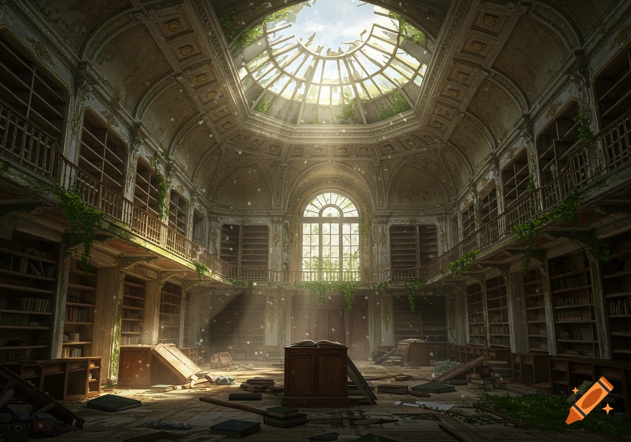 Grand abandoned library in ruins with a broken domed glass ceiling, overgrown with vines, and sunbeams.