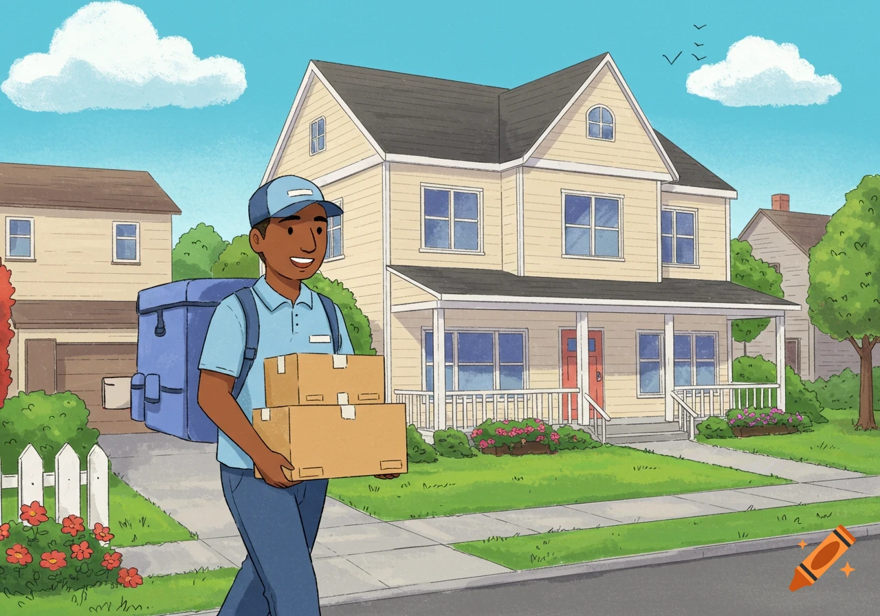 A cartoon illustration of a delivery person in a light blue uniform walking on a sidewalk carrying two packages in front of a house.