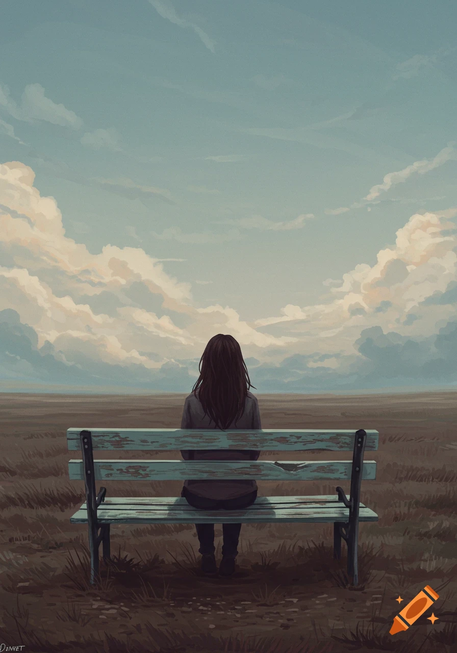 A stylized digital painting of a person sitting on a worn bench, facing a vast, flat landscape under a cloudy sky.