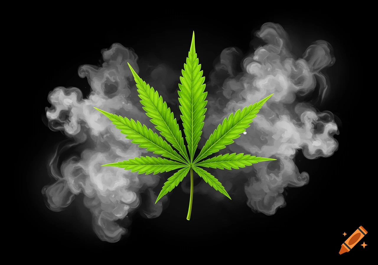 A vibrant green cannabis leaf is centered against a dark background, enveloped by swirling white smoke.