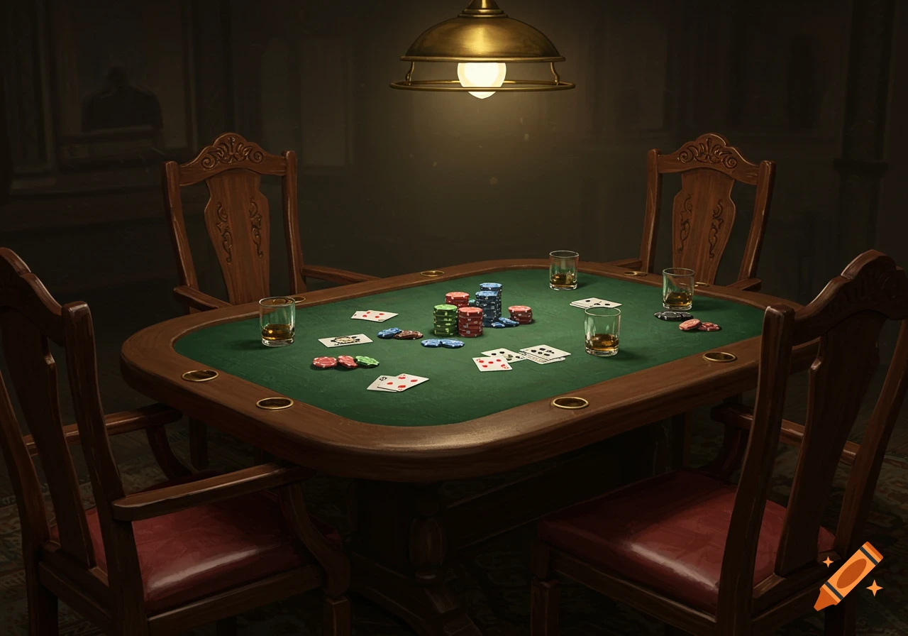 A poker table set up for a game under a brass lamp, with playing cards, poker chips, and glasses of amber liquid.